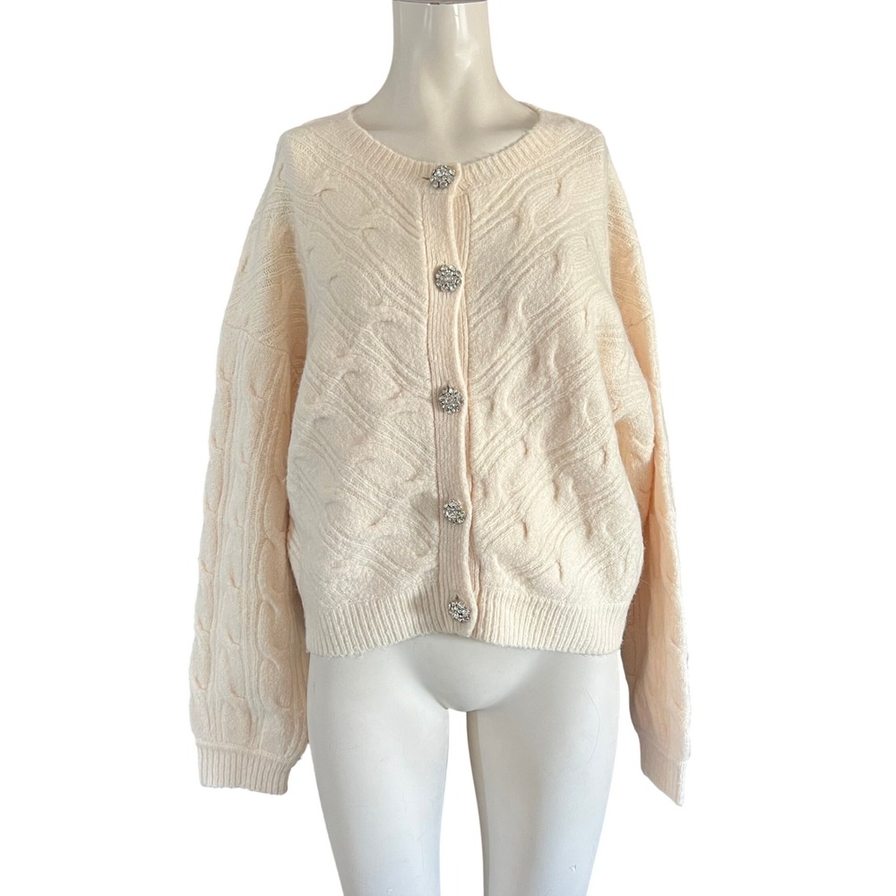 J.Crew Cream Cable Knit Merino Wool Alpaca Cardigan Rhinestone Button Medium